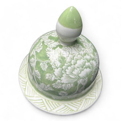 Tall Green and White Porcelain Jar – Hand-Painted Lidded