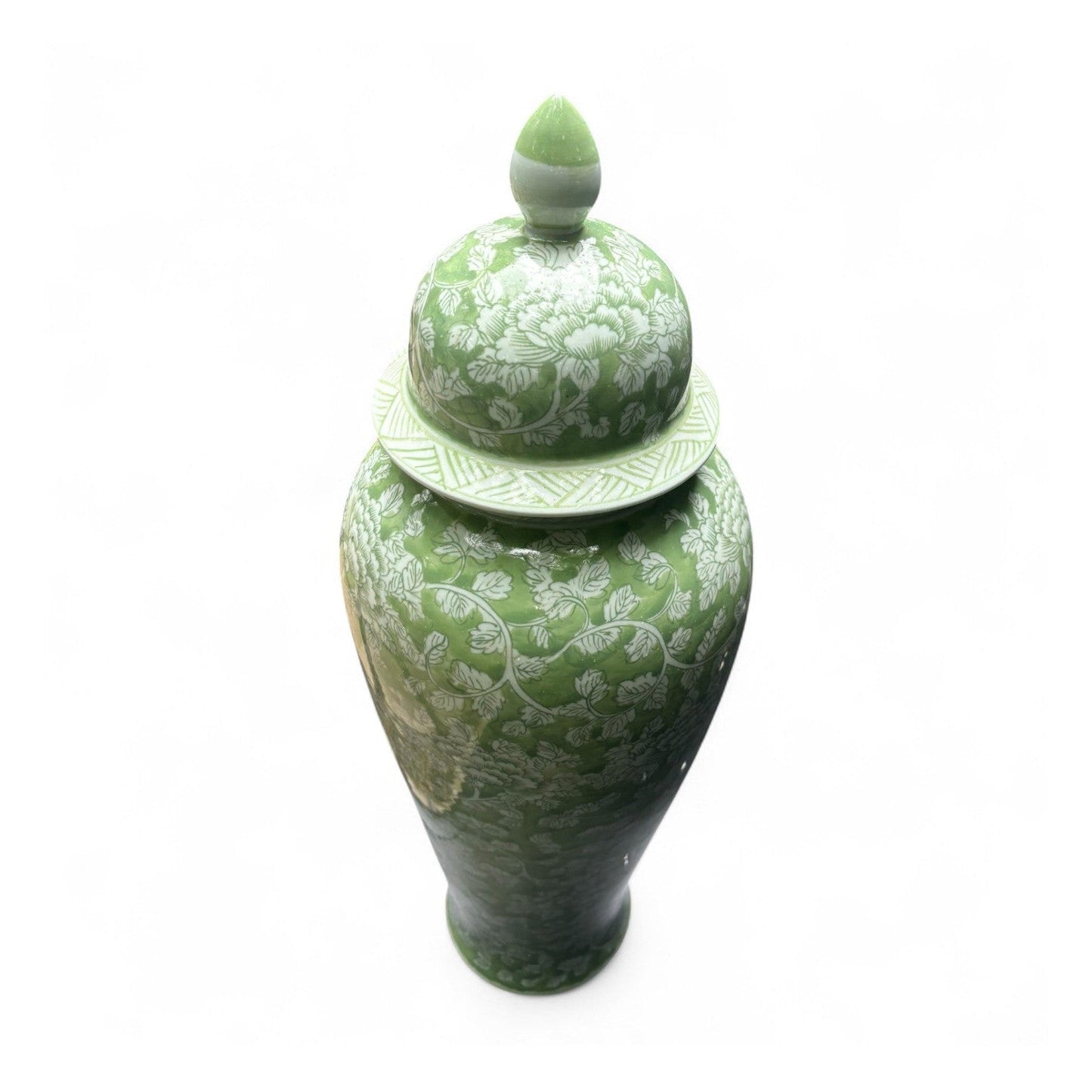 Tall Green and White Porcelain Jar – Hand-Painted Lidded
