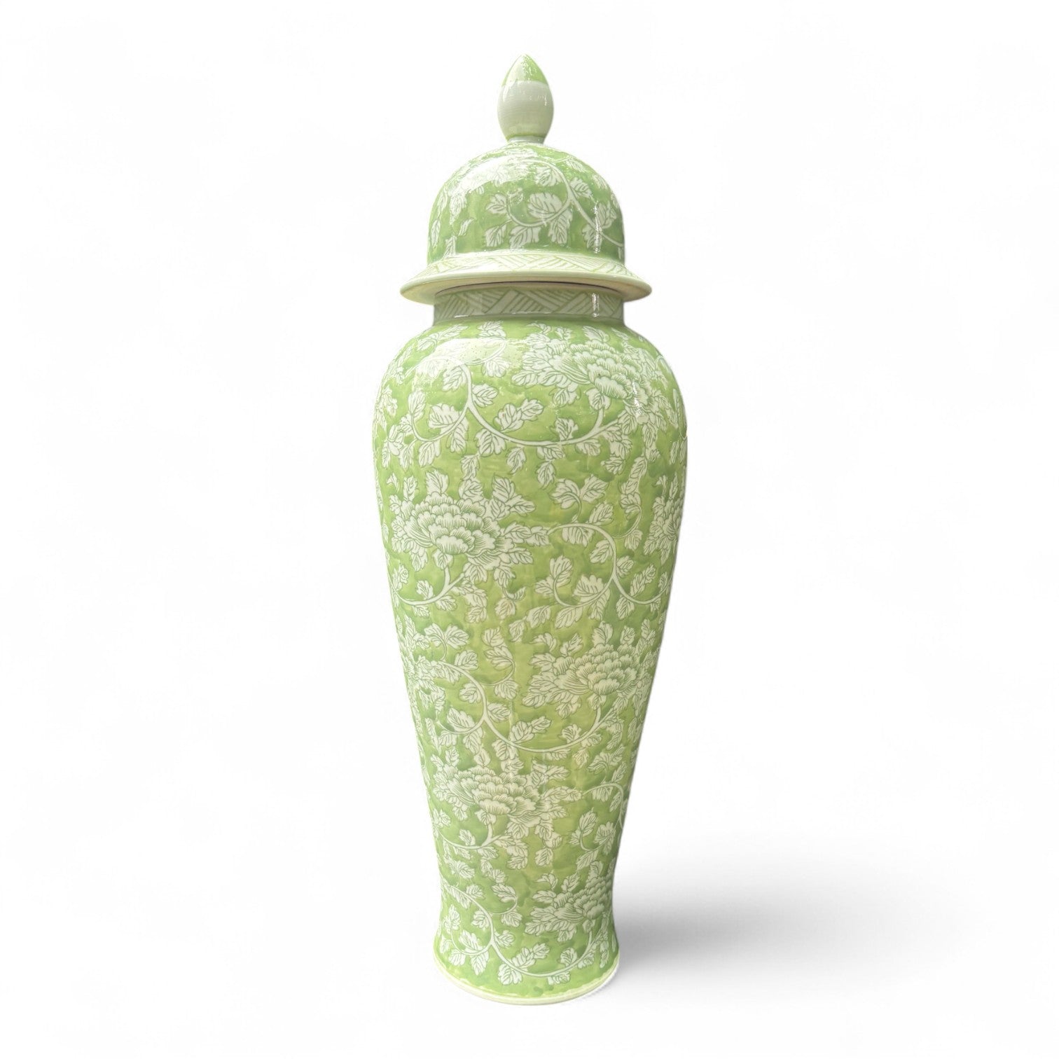 Tall Green and White Porcelain Jar – Hand-Painted Lidded