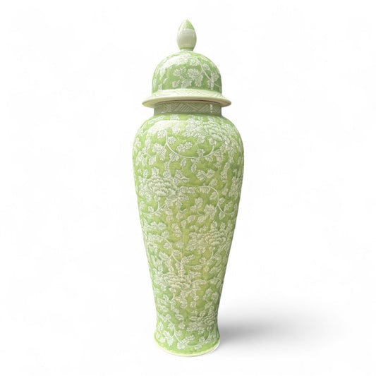 Tall Green and White Porcelain Jar – Hand-Painted Lidded