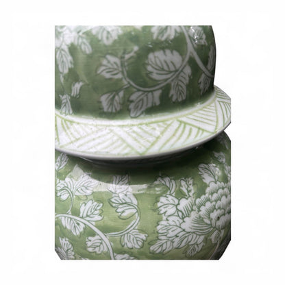Tall Green and White Porcelain Jar – Hand-Painted Lidded