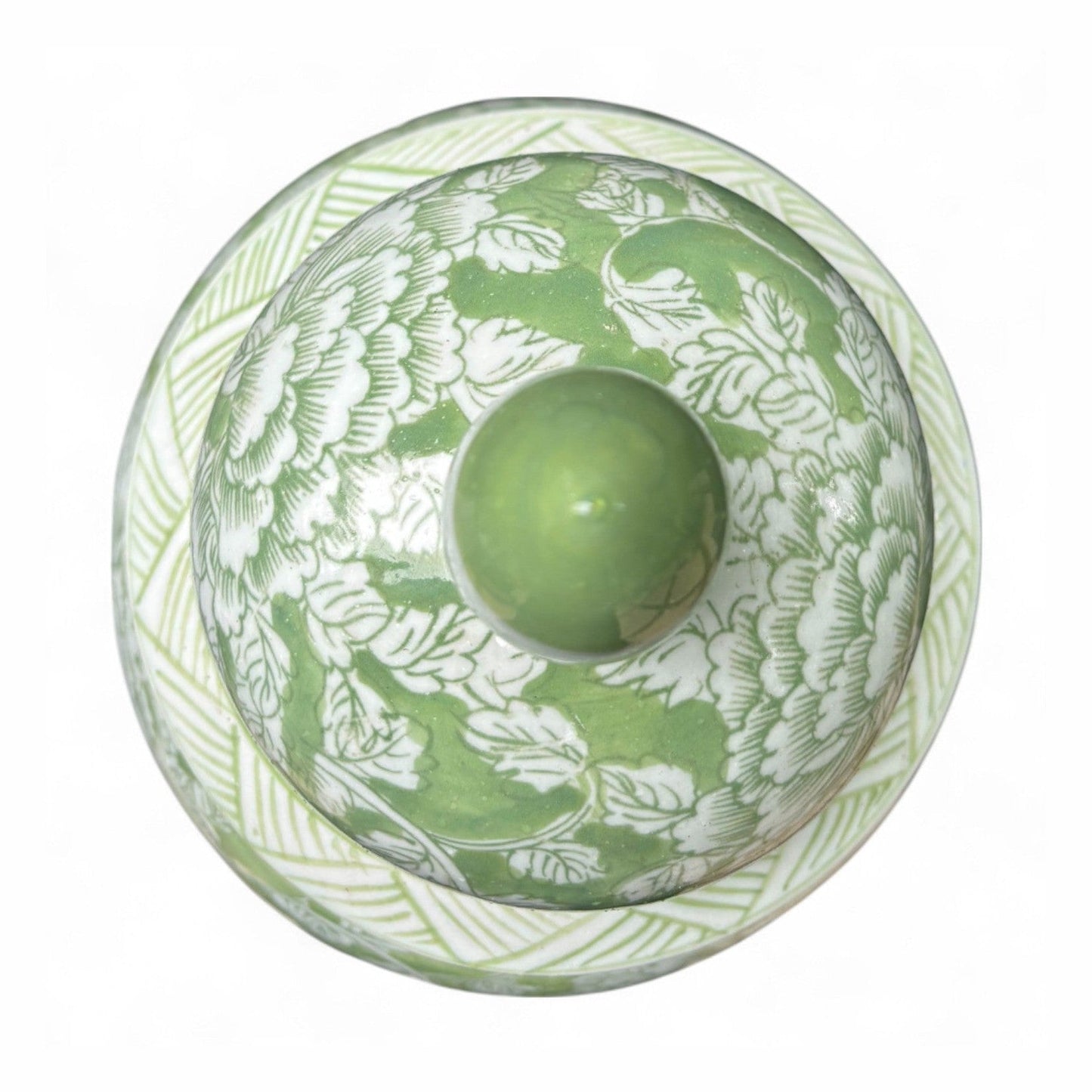 Tall Green and White Porcelain Jar – Hand-Painted Lidded