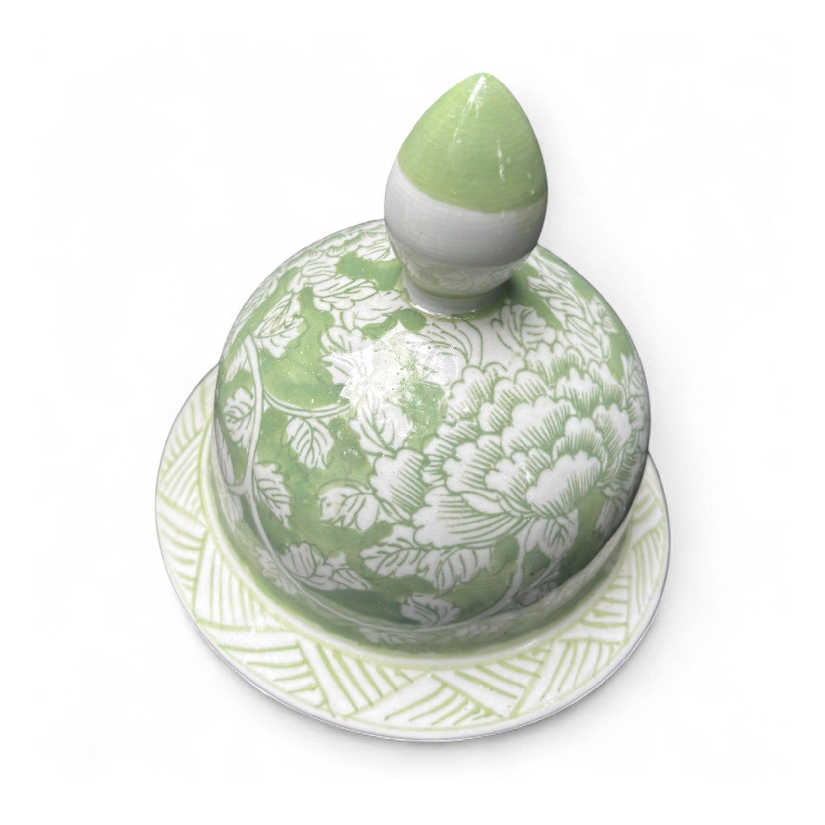 Tall Green and White Porcelain Jar – Hand-Painted Lidded