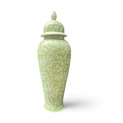 Tall Green and White Porcelain Jar – Hand-Painted Lidded
