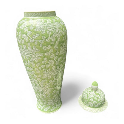 Tall Green and White Porcelain Jar – Hand-Painted Lidded
