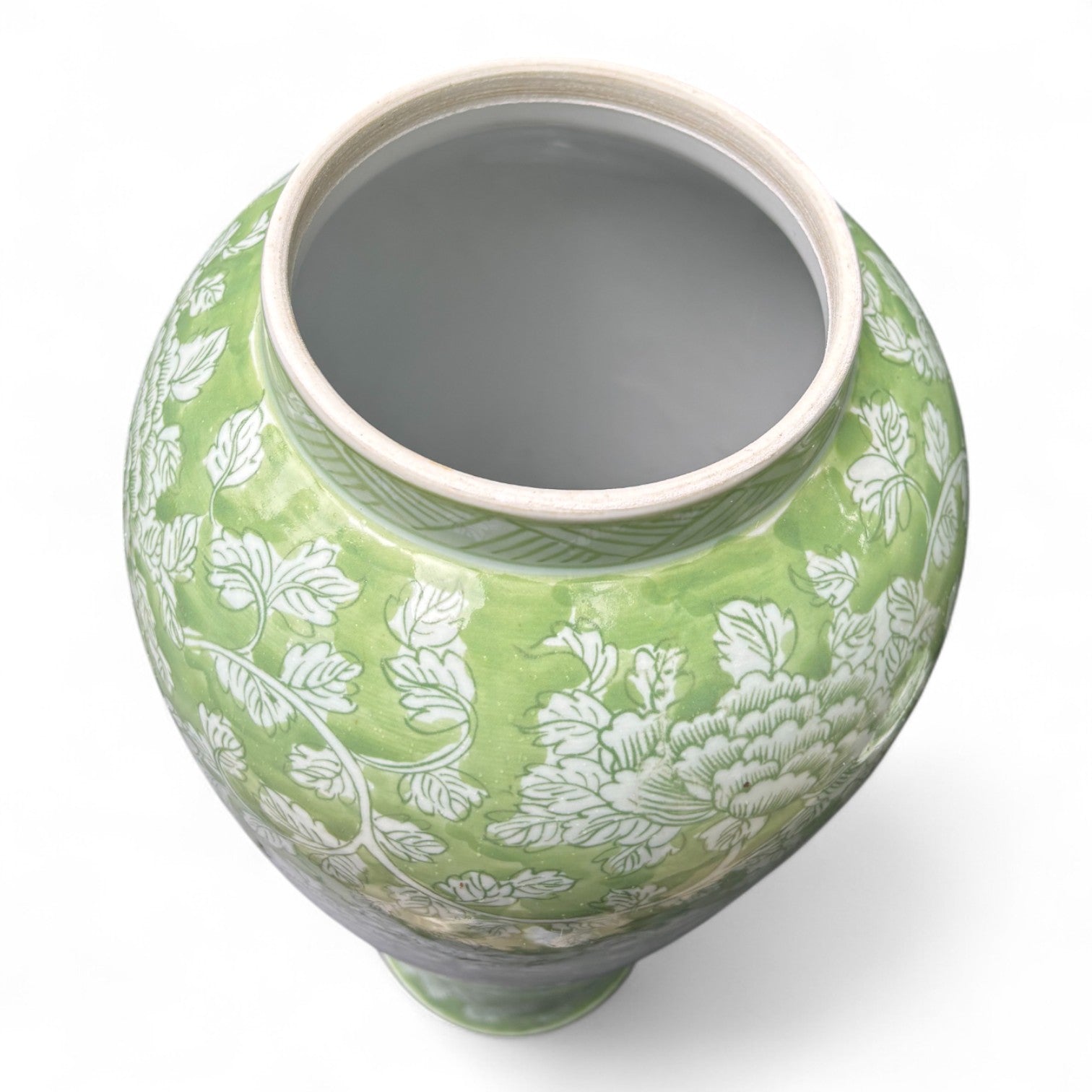 Tall Green and White Porcelain Jar – Hand-Painted Lidded