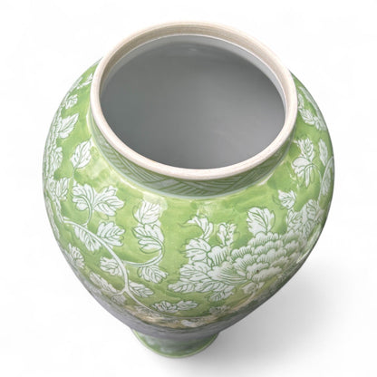 Tall Green and White Porcelain Jar – Hand-Painted Lidded