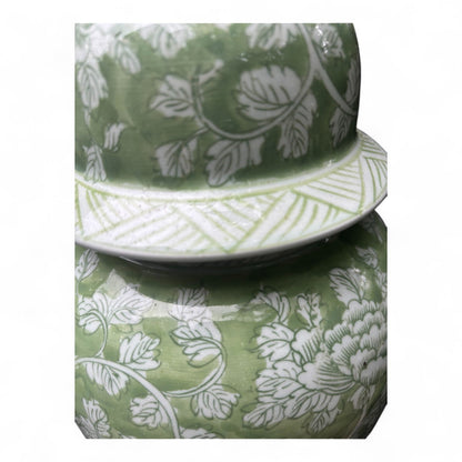 Tall Green and White Porcelain Jar – Hand-Painted Lidded