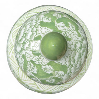 Tall Green and White Porcelain Jar – Hand-Painted Lidded