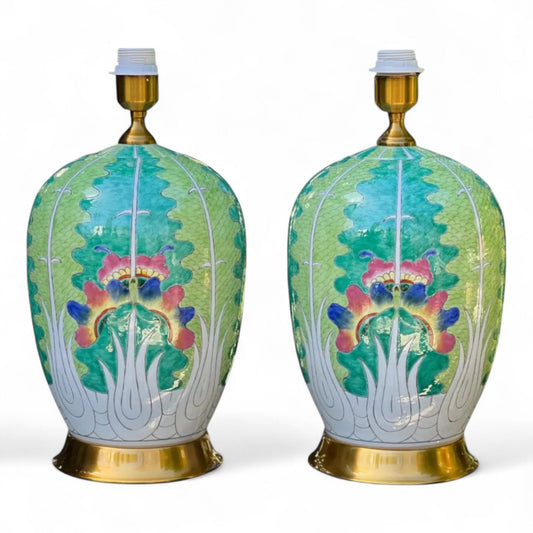 Tall Oval Bok Choy Lamp - Famille Verte Hand-Painted