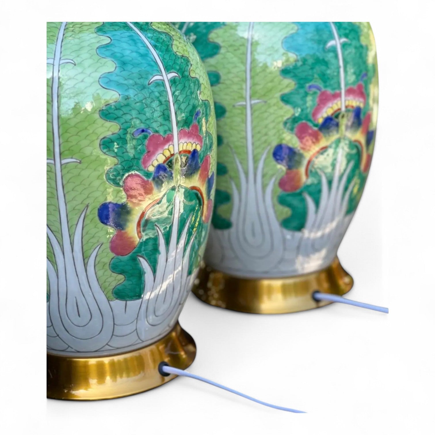 Tall Oval Bok Choy Lamp - Famille Verte Hand-Painted