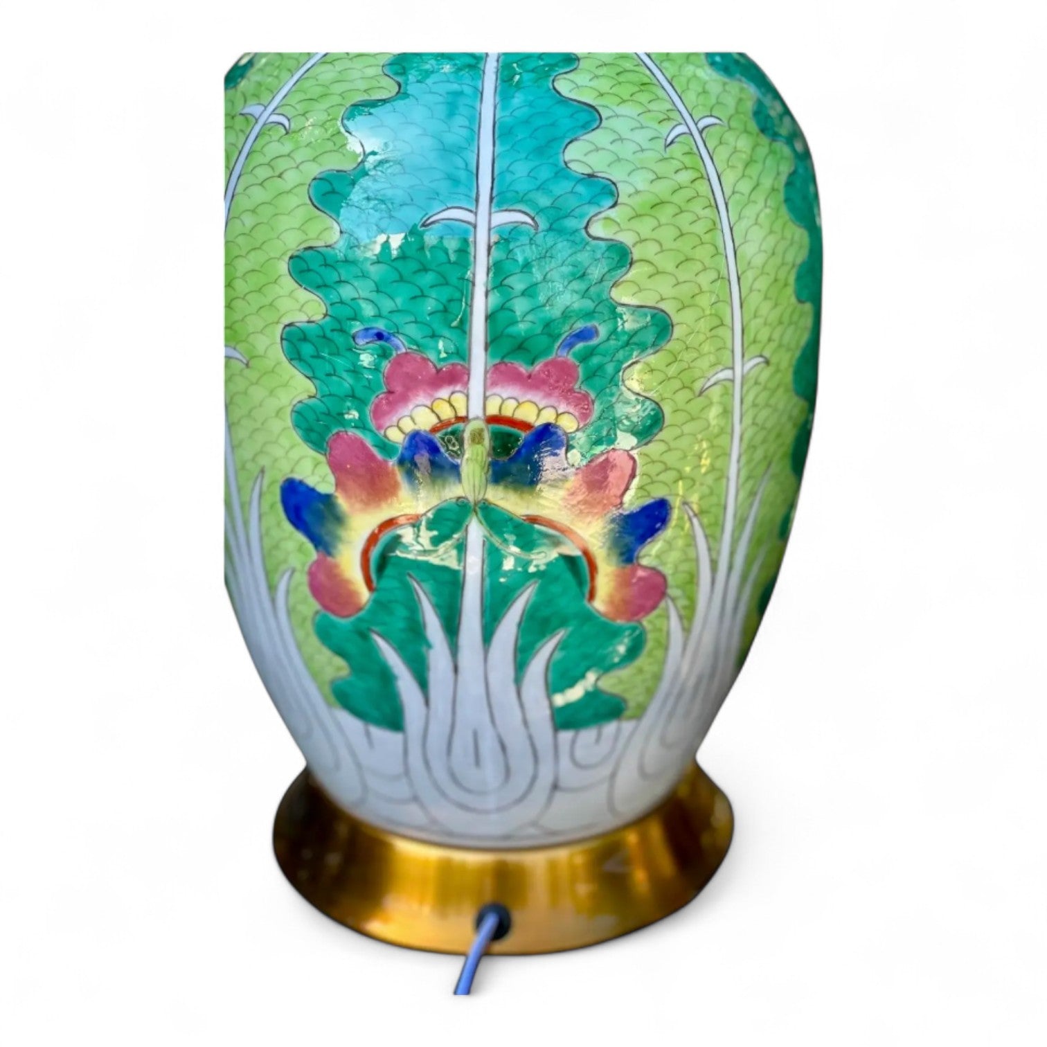 Tall Oval Bok Choy Lamp - Famille Verte Hand-Painted