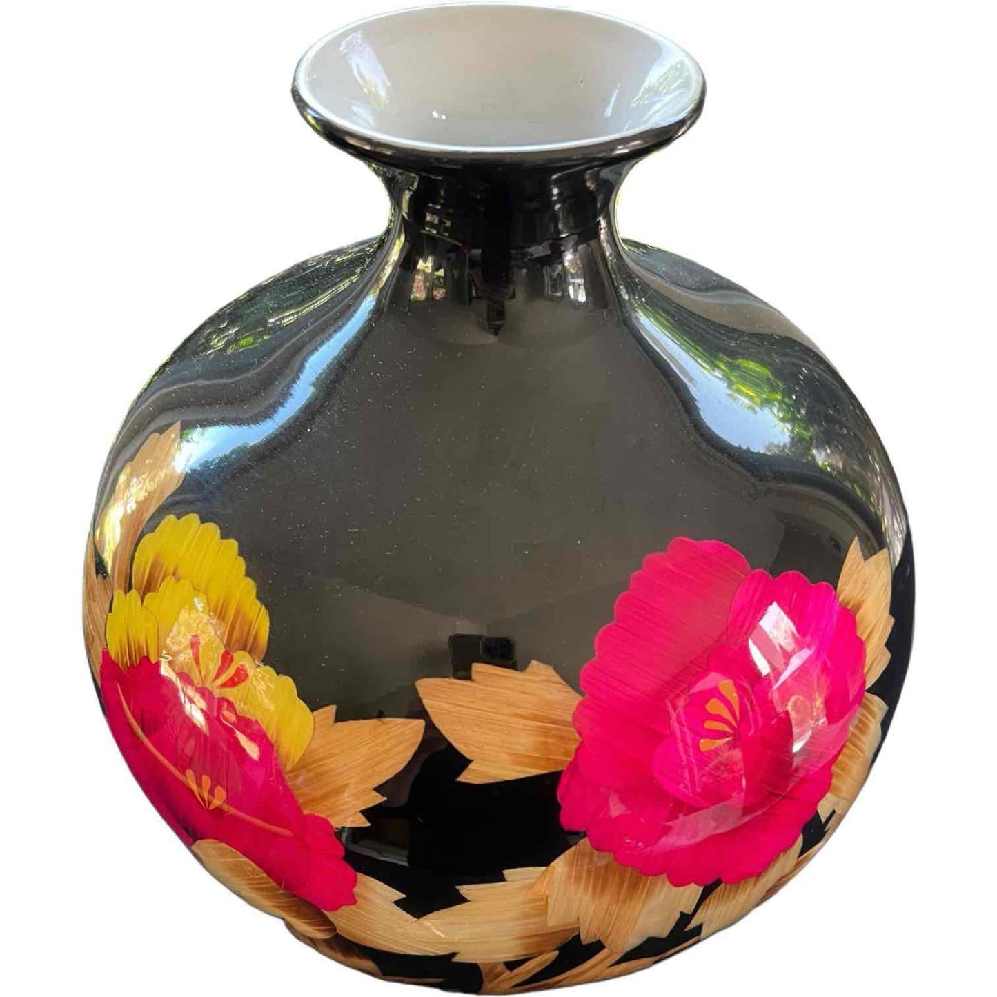 Vibrant Chinese Vase Black High Gloss Finish Pink and Gold