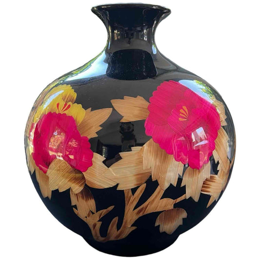 Vibrant Chinese Vase Black High Gloss Finish Pink and Gold