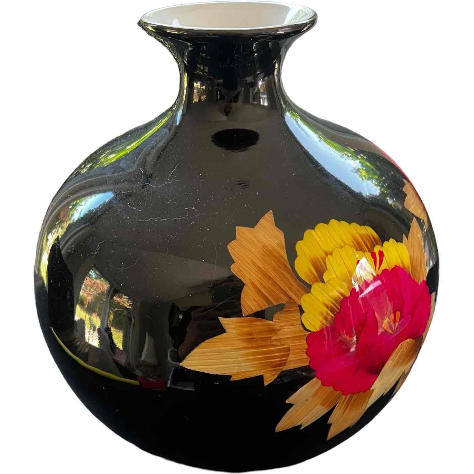 Vibrant Chinese Vase Black High Gloss Finish Pink and Gold