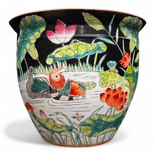 Vintage Hand Painted Black Porcelain Planter Vase Fish Bowl