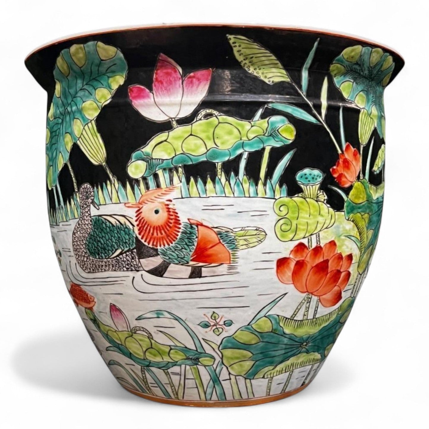 Vintage Hand Painted Black Porcelain Planter Vase Fish Bowl
