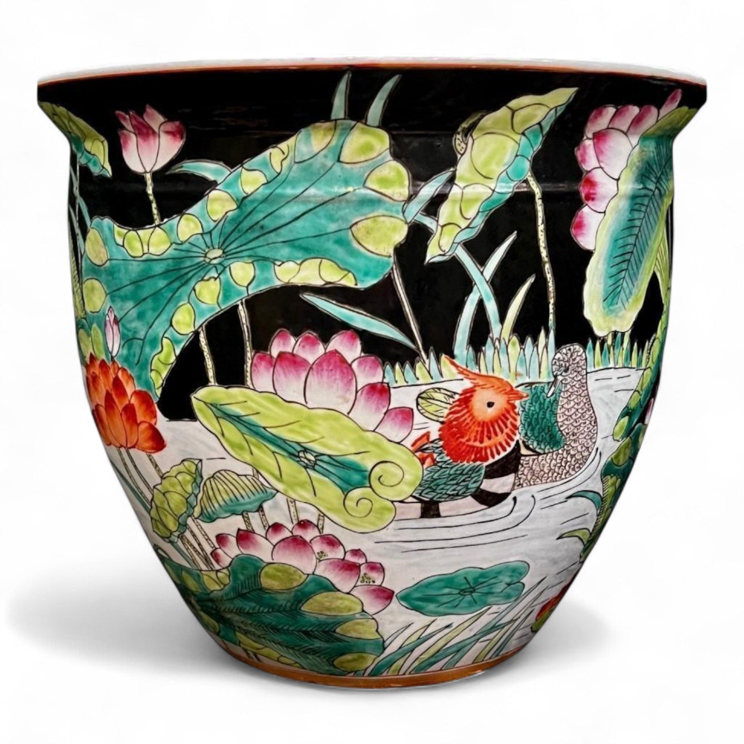 Vintage Hand Painted Black Porcelain Planter Vase Fish Bowl