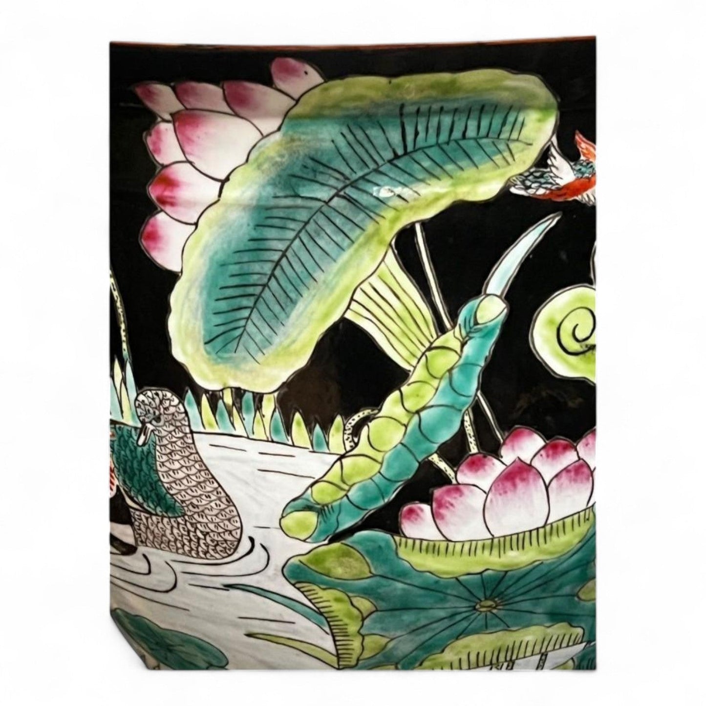 Vintage Hand Painted Black Porcelain Planter Vase Fish Bowl