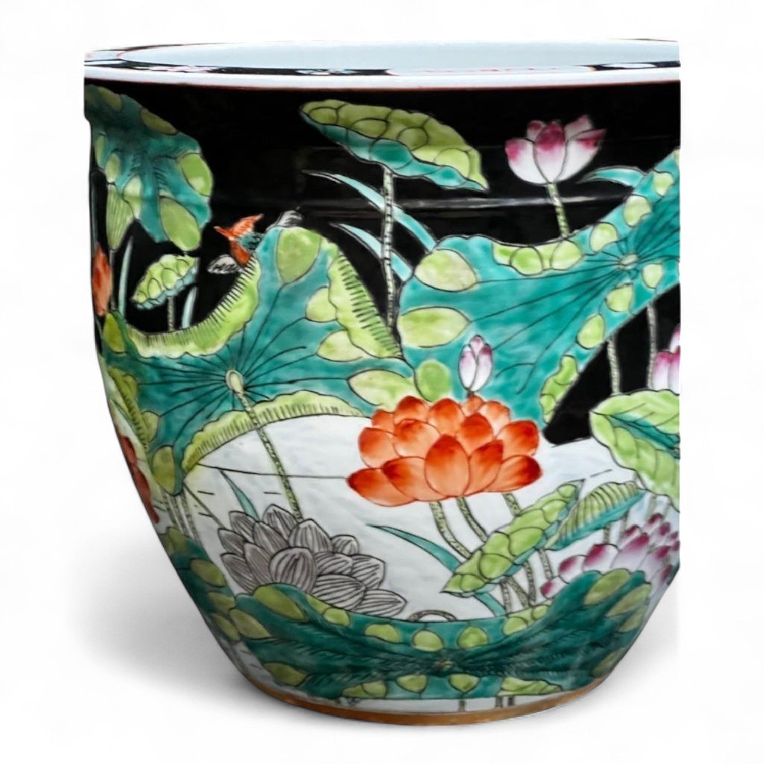 Vintage Hand Painted Black Porcelain Planter Vase Fish Bowl