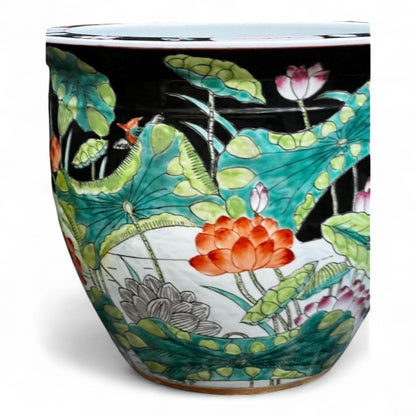Vintage Hand Painted Black Porcelain Planter Vase Fish Bowl
