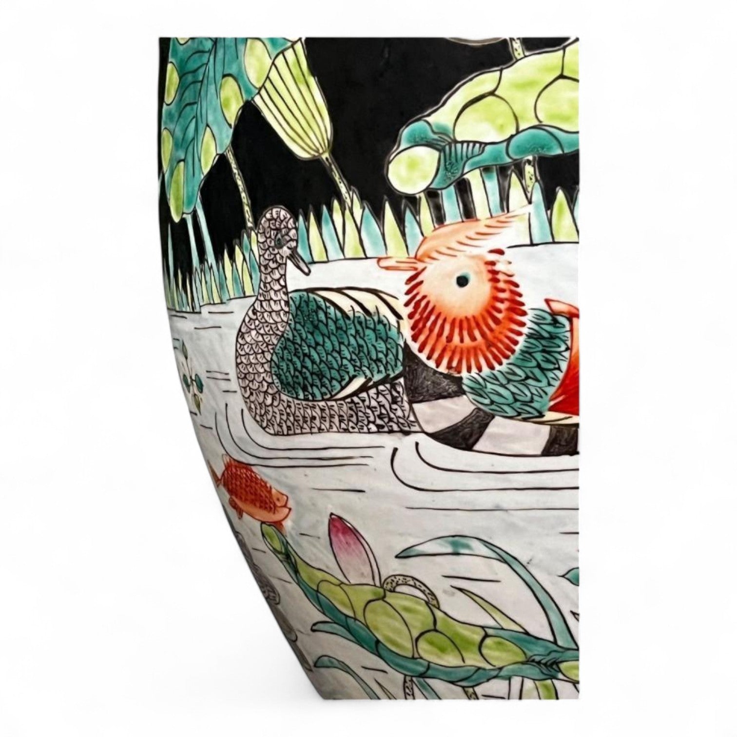 Vintage Hand Painted Black Porcelain Planter Vase Fish Bowl