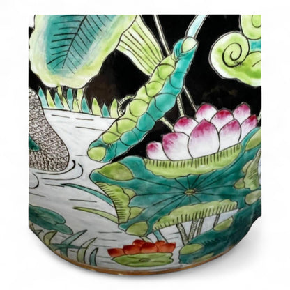 Vintage Hand Painted Black Porcelain Planter Vase Fish Bowl