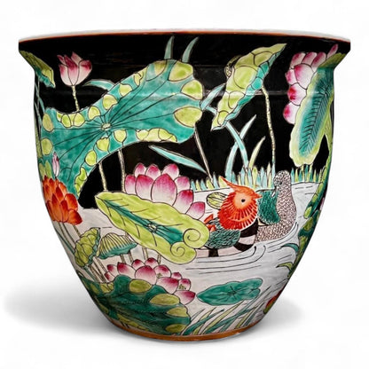 Vintage Hand Painted Black Porcelain Planter Vase Fish Bowl