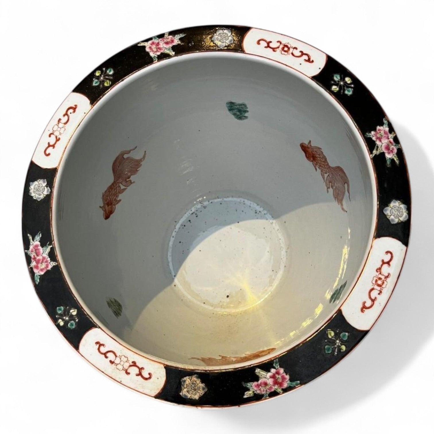 Vintage Hand Painted Black Porcelain Planter Vase Fish Bowl