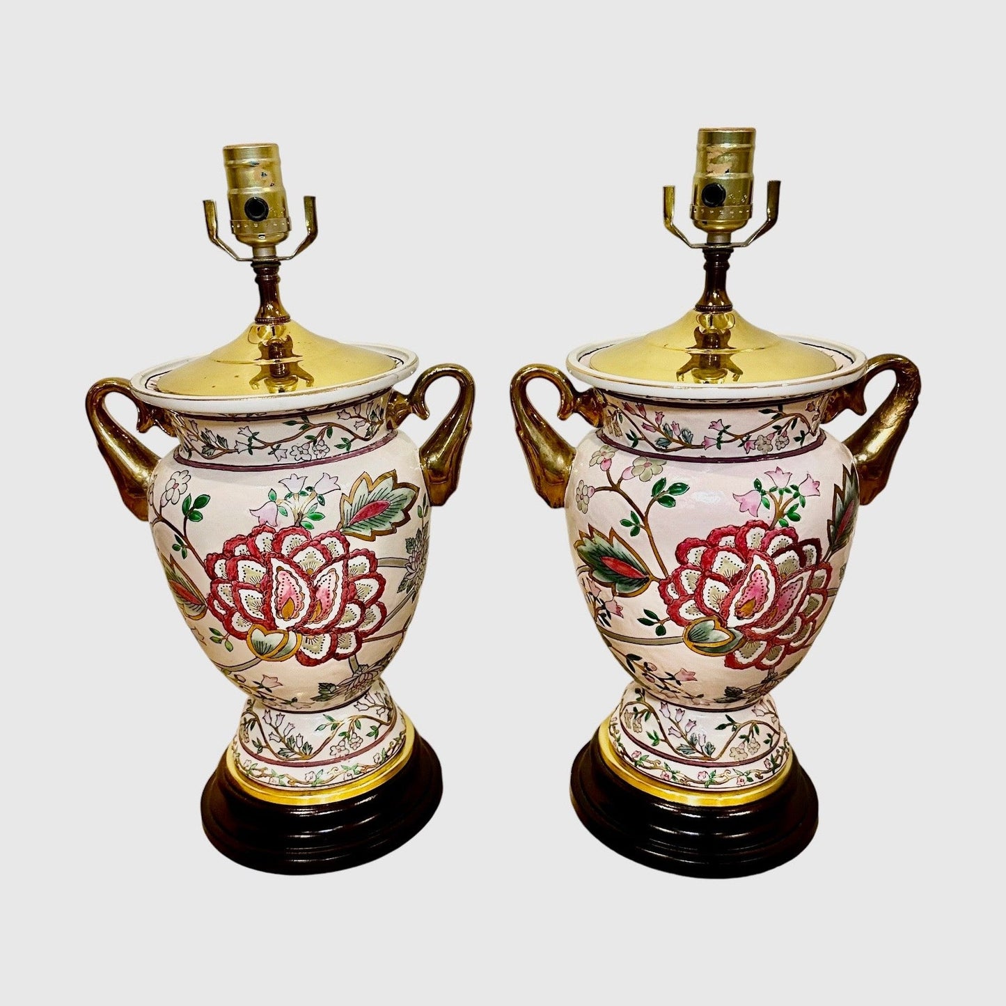 Vintage Pair of Peony Motif Table Lamps