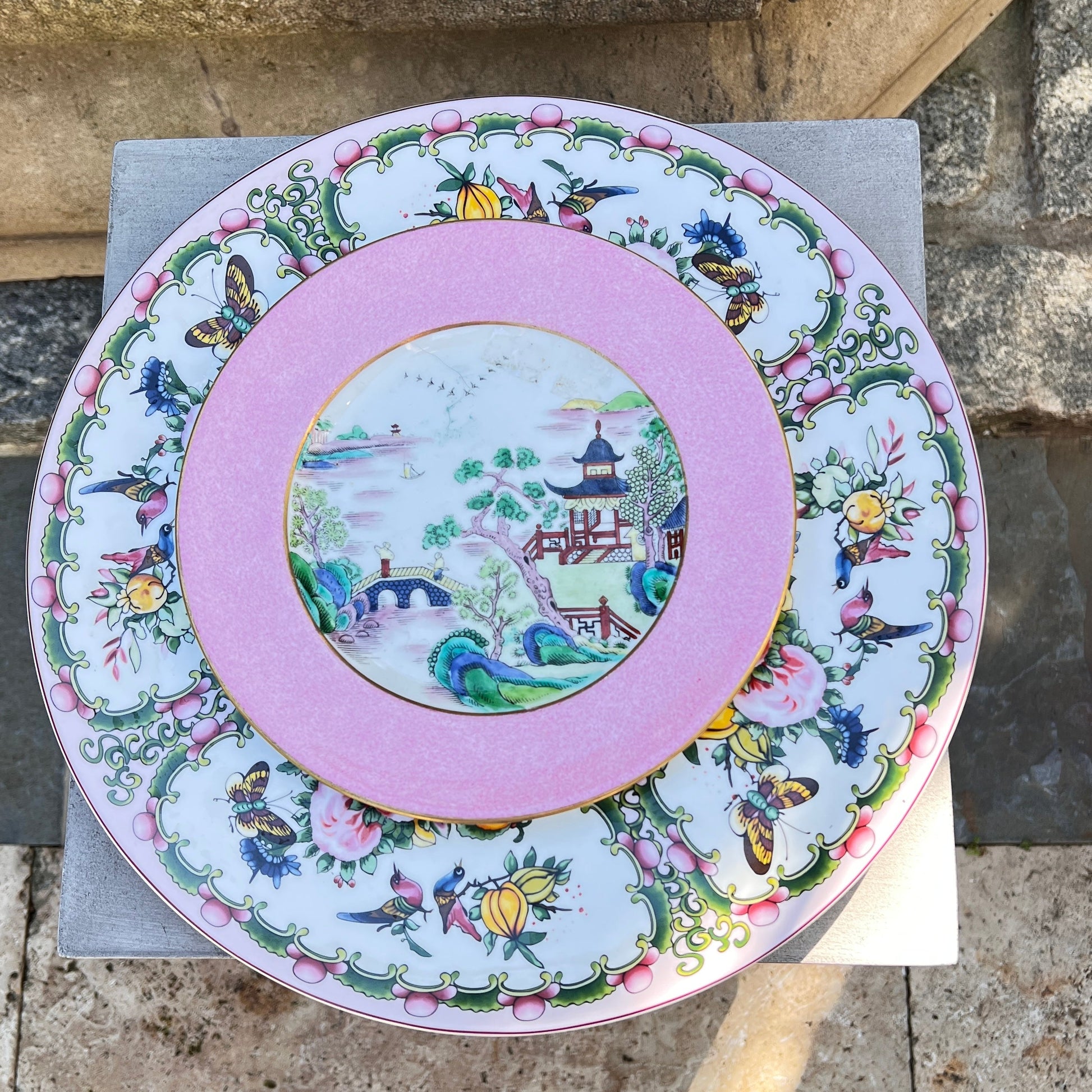 Vintage Staffordshire Pink Pagoda Plates - Set of 4