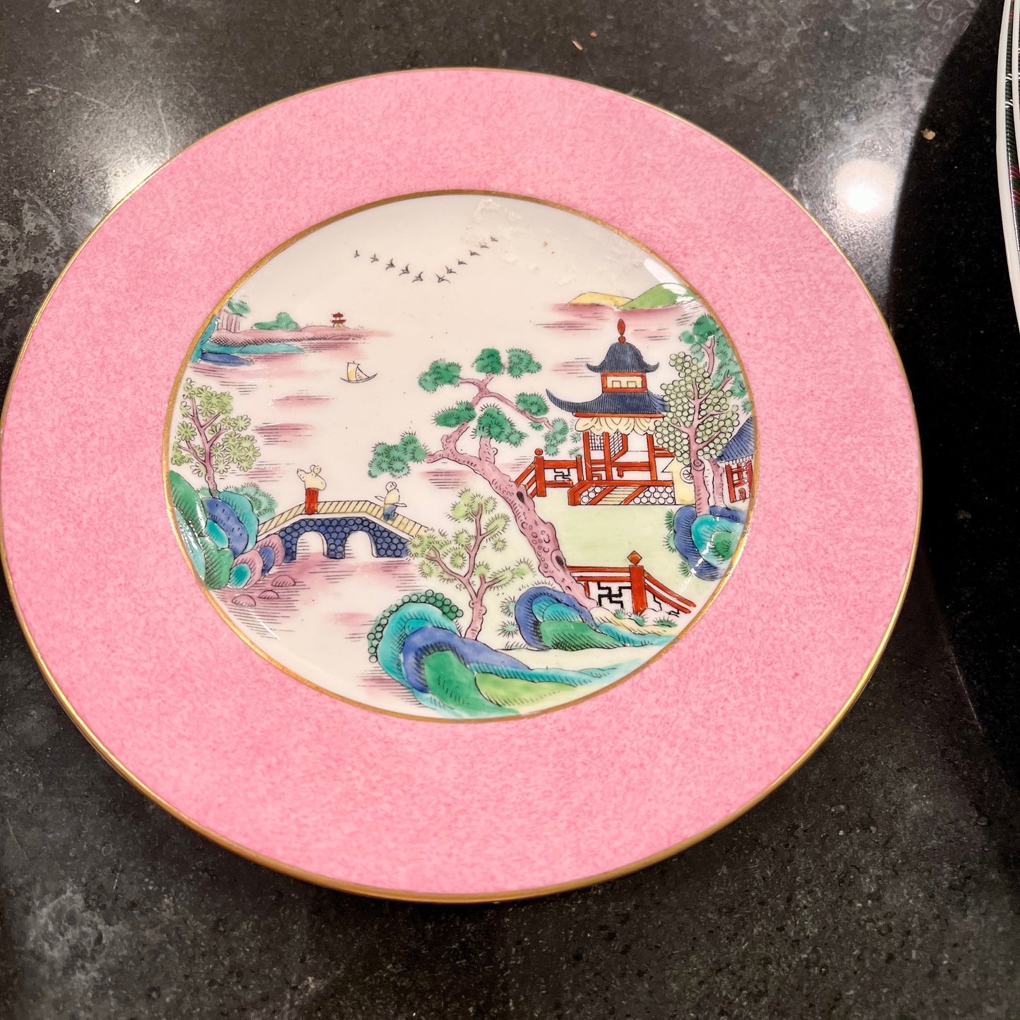Decorative plate with a pink rim and scenic design on a dark surface