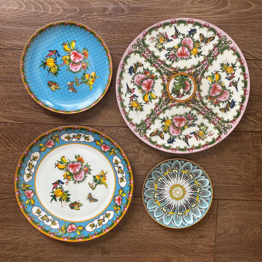 Set of four famille rose and bok choy fine bone china plates with floral and butterfly patterns for dining or display