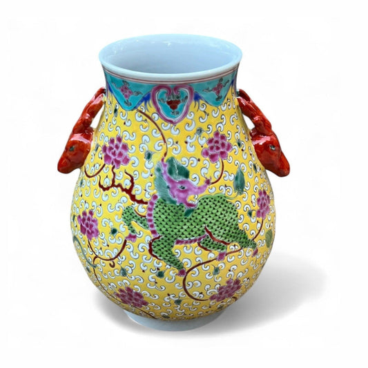 Hand-Painted Porcelain Qilin Vase – Yellow Glaze